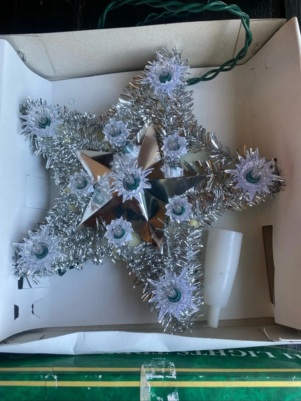 Silver Tinsel Lighted Star Tree Topper